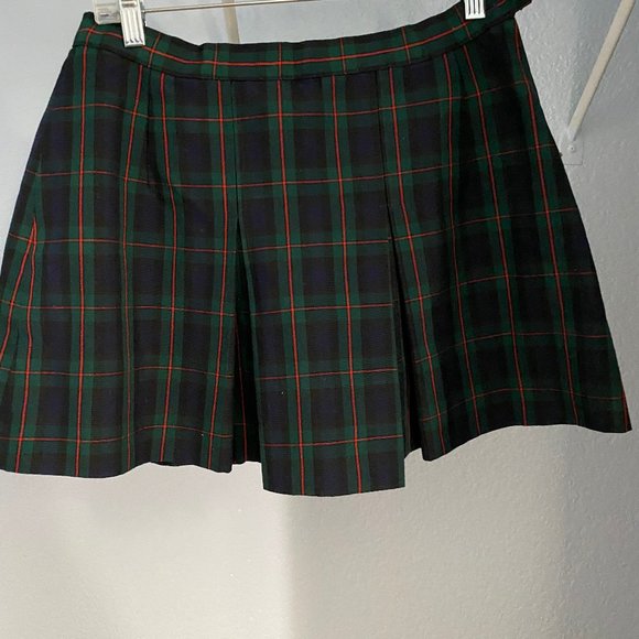 Red Olive Green Plaid Mini Skirt, Boarding School Uniform, Small, Dark Academia - Picture 2 of 3
